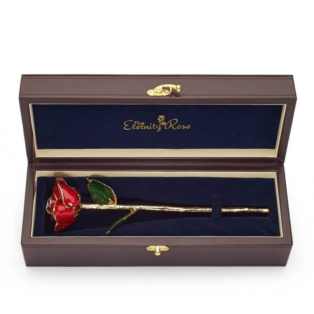 The eternity rose: open red rose with 24k gold trim